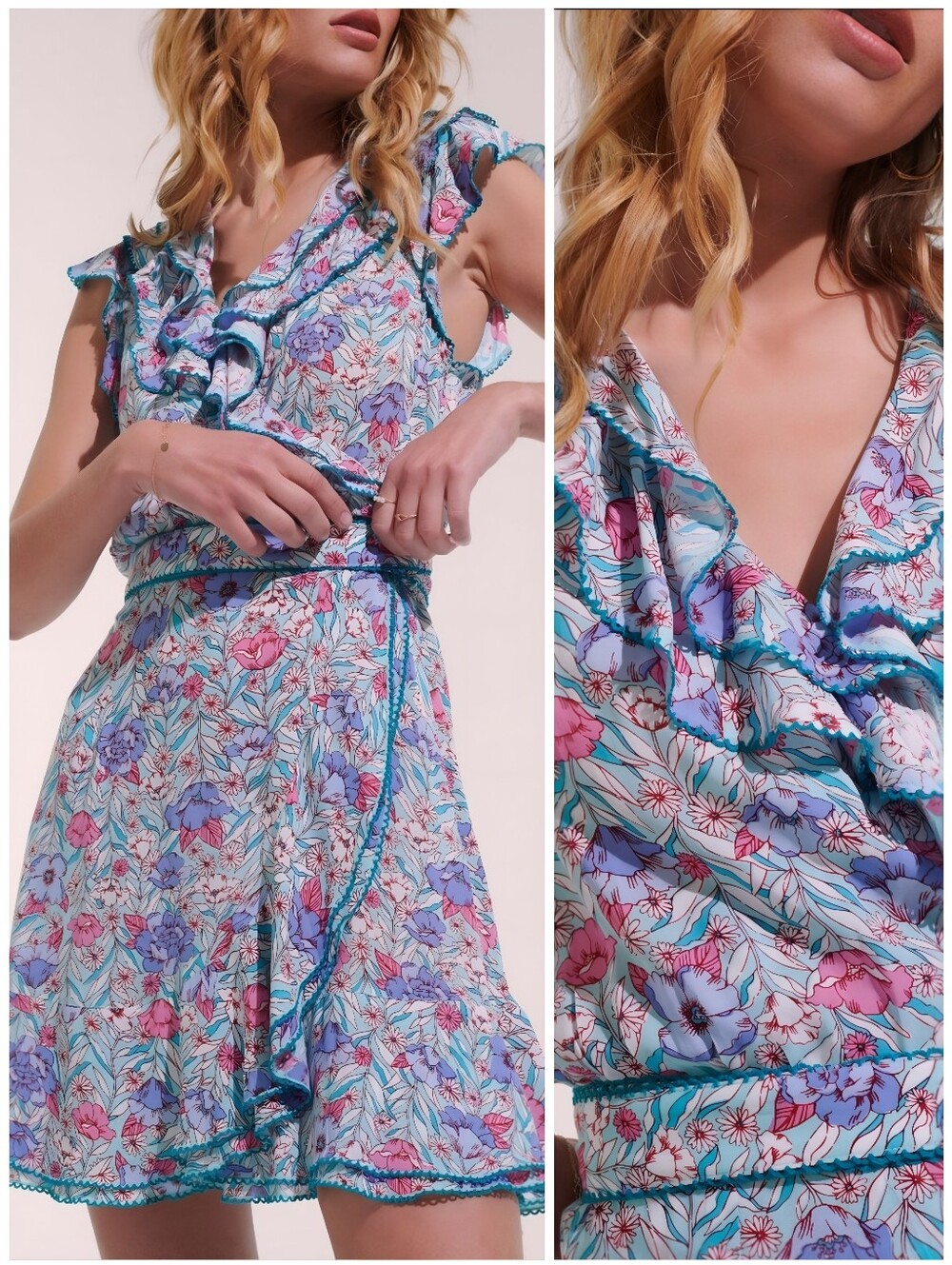 Poupette St Barth Floral Pink Blue Wrap Dress, S